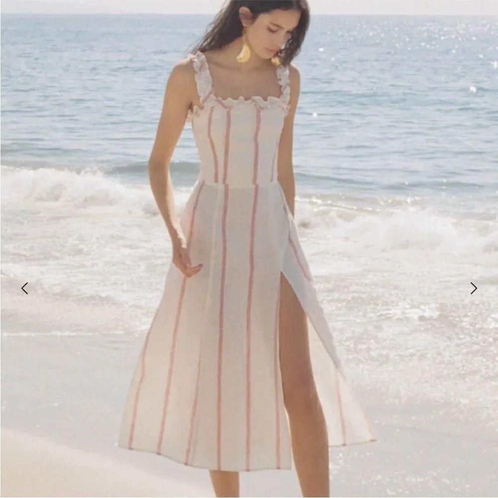 Reformation Lavender Midi Dress Sleeveless White Red Stripe 100% Linen Sz 6 NWT